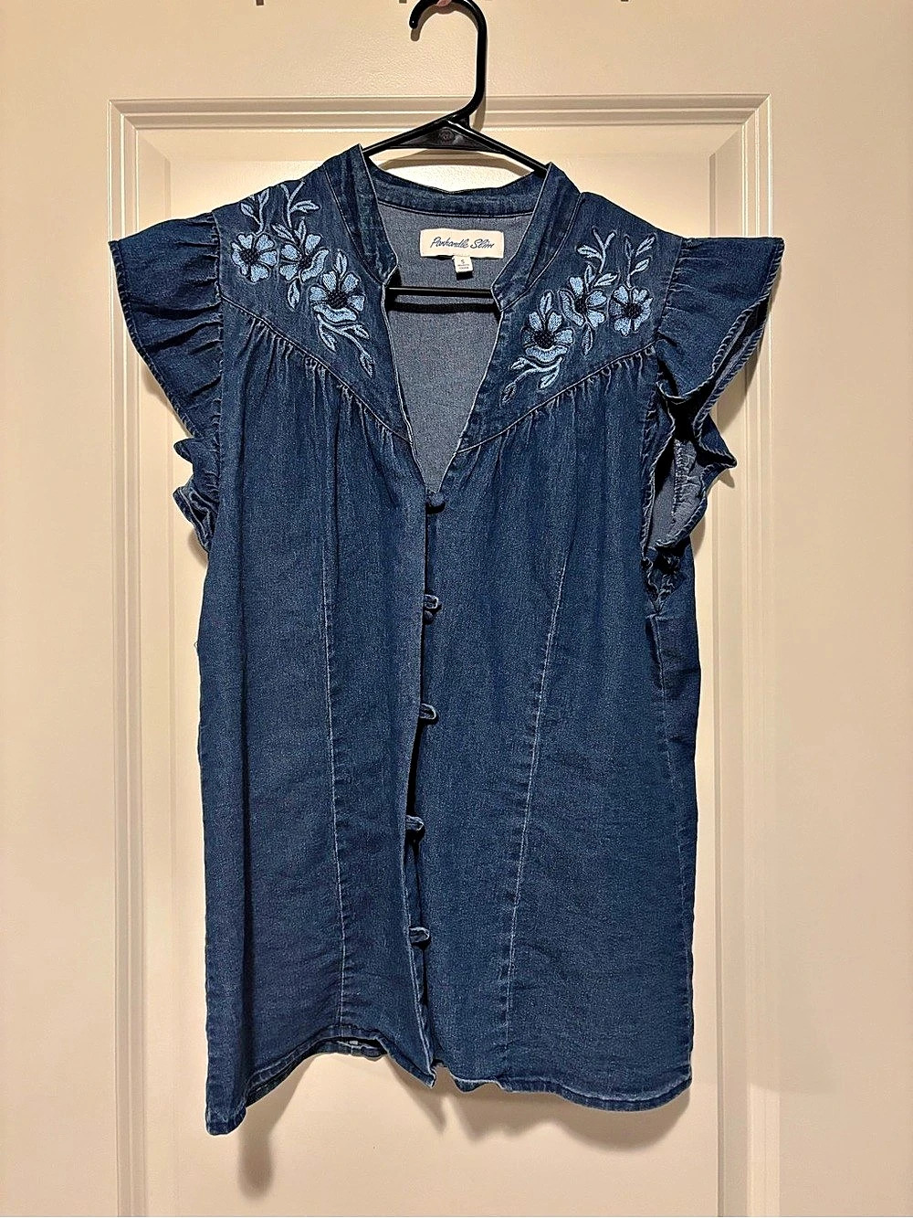 Panhandle Slim Denim Embroidered Ruffle Sleeve Top Size Small